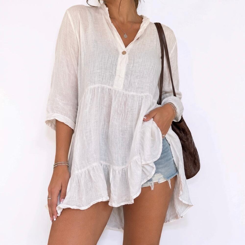 Logica Italy White 100% Linen Tiered Tunic Blouse Medium